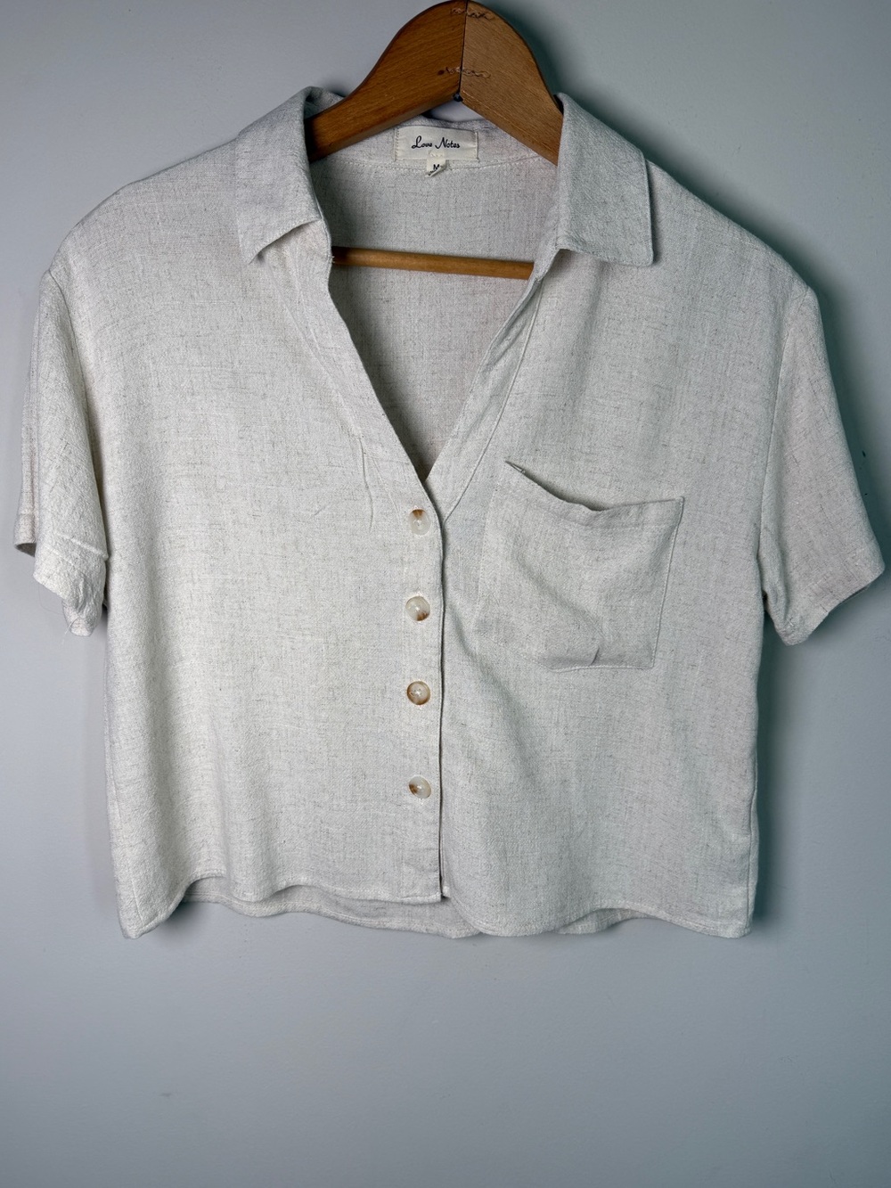 Love Notes Oatmeal Linen Blend Cropped Button-Up Shirt Coastal Summer Boho M